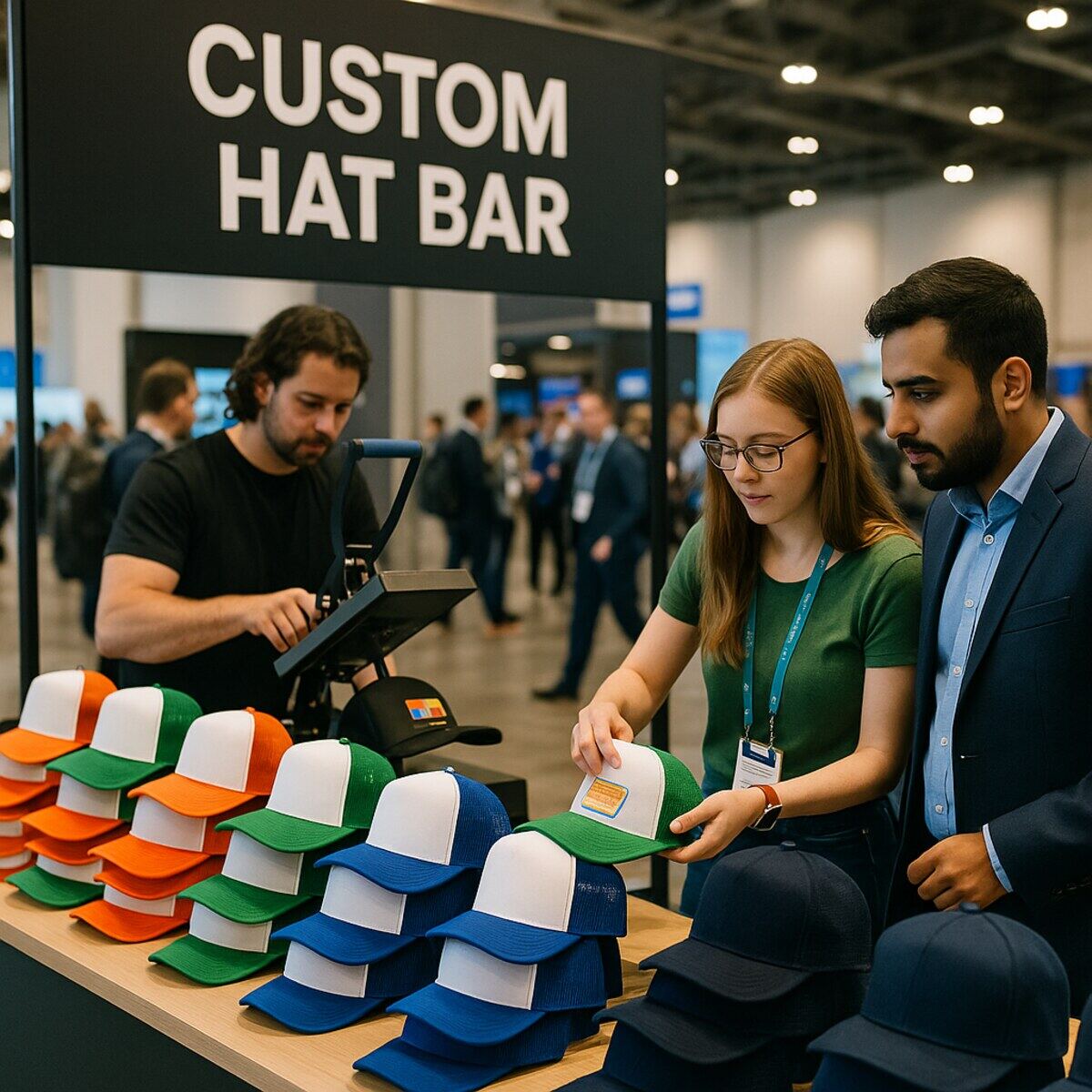 A hat and patch bar running alongside the shirt booth